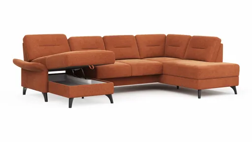 Wohnlandschaft Almyra - Longchair links inkl. Bettkasten und Armlehne klappbar, 2,5-Sitzer inkl. Vorziehsitz (motorisch), Ottomane rechts, Stoff, Kupfer