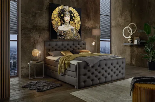 Boxspringbett SANDRIN- Liegefläche ca. 200x200 cm, Stoff, Dunkelgrau, inkl. Stauraum und Fußteil