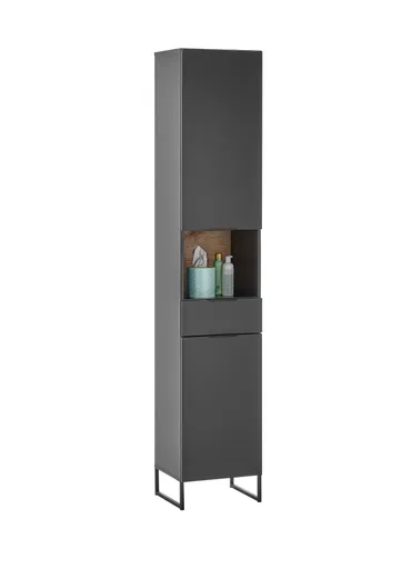 Hochschrank- B ca. 38 cm,  Schwarz Matt, Eiche Dekor