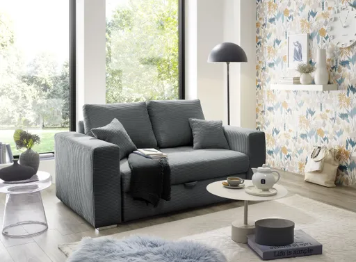  Sofa JORDEN 2 - 2-Sitzer inkl. Schlaffunktion mit Bettkasten, Cord, Dunkelgrau
