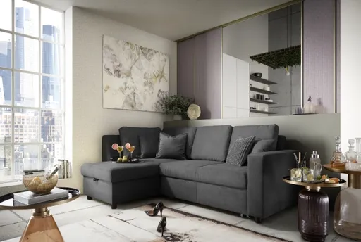 Ecksofa PRO FLEXX - Ecke links, 2-Sitzer inkl. Schlaffunktion und Bettkasten, Stoff, Anthrazit
