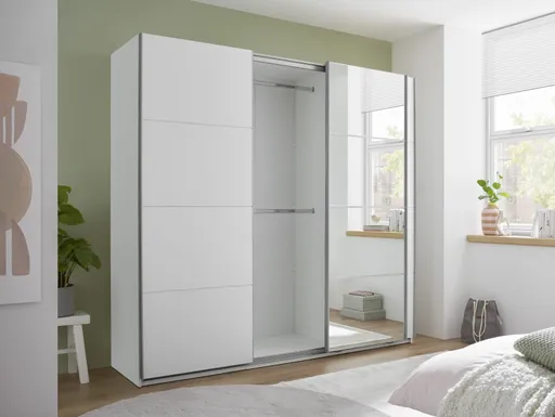 Schwebetürenschrank- B ca. 215 cm, Weiß, Spiegel