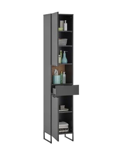 Hochschrank- B ca. 38 cm,  Schwarz Matt, Eiche Dekor