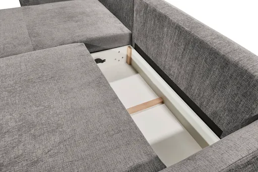 Ecksofa - Longchair links mit 2-Sitzer, Schlaffunktion mit Bettkasten, Stoff, Steingrau