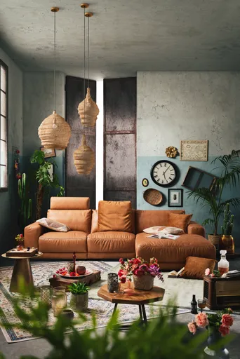 Ecksofa Balok - 2,5-Sitzer mit Longchair groß rechts, inkl. Relaxfunktion (motorisch) und Kopfstütze, Leder, Cognac