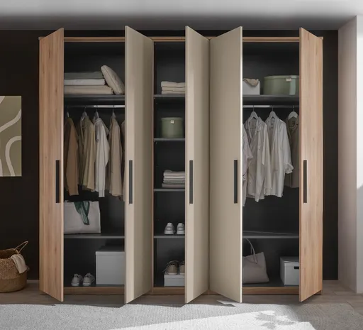 Drehtürenschrank - B. ca. 250,4 cm, Außentüren Holzdekor, Mitteltüren Beige