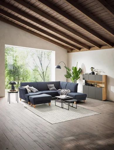 Sofa Stamford - inkl. Armlehne verstellbar, 3,5-Sitzer, Bogen links mit Ecksofa 2-sitzig und Abschlusshocker Rechts, Stoff, Dunkelblau