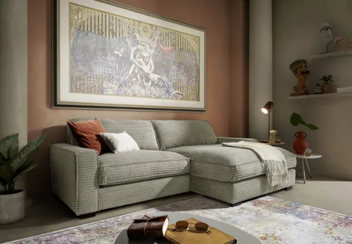 Ecksofa - 2-Sitzer mit Longchair rechts, Cord, Steingrau