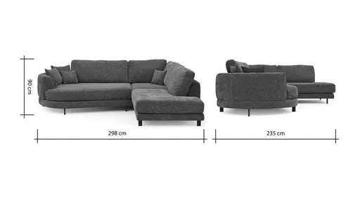 Ecksofa Solenne - Diwan rund links mit Ottomane rechts, Stoff, Olive
