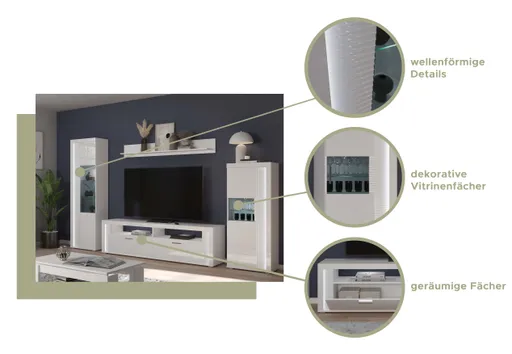 Wohnwand - mit Beleuchtung, Weiß, Weiß Hochglanz