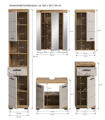 Spiegelschrank - B ca. 60 cm, Evoke Eiche Nachbildung