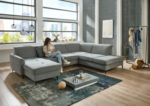 Wohnlandschaft - Longchair links mit 2,5-Sitzer und Ecke rechts, Sitztiefe verstellbar, Stoff, Grau