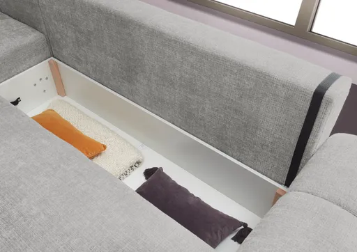 Ecksofa - Longchair links mit 2-Sitzer, Schlaffunktion mit Bettkasten, Stoff, Silbergrau