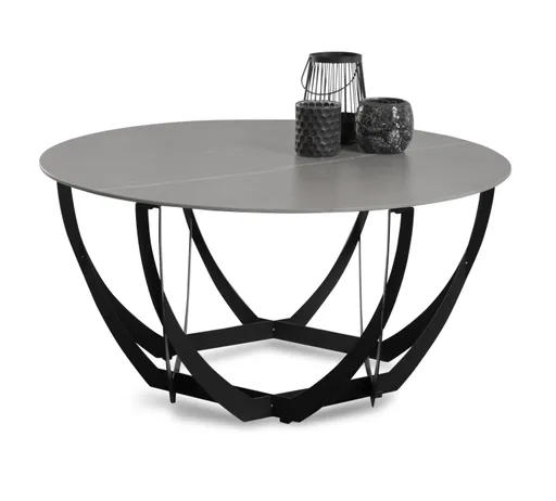 Couchtisch - Ø/H ca. 80x40 cm, Hellgrau marmoriert, Schwarz