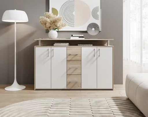 Highboard - B ca. 139 cm, Sonoma Eiche Nachbildung, Weiß
