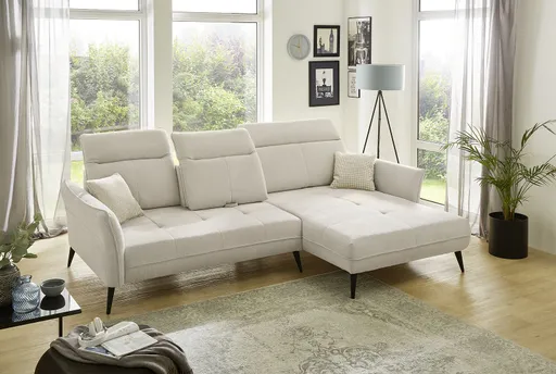Ecksofa - 2-Sitzer, Kopfteil/Sitztiefe verstellbar (manuell), Microvelours, Beige