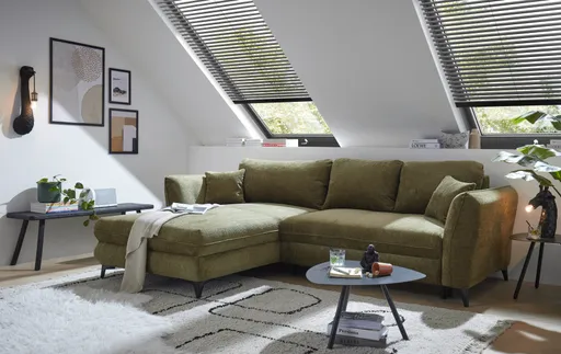Ecksofa - Longchair links mit 2-Sitzer, Schlaffunktion mit Bettkasten, Stoff, Moosgrün