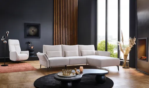 Ecksofa - 2,5-Sitzer mit Longchair rechts, Sitztiefe verstellbar, Stoff, Beige