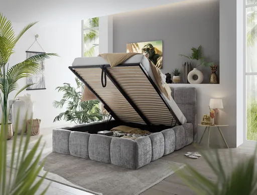 Bettgestell SANDRIN R- Liegefläche ca. 160x200 cm, Stoff, Hellgrau, inkl. Lattenrost und Stauraum