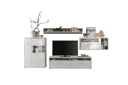 Wohnwand - mit Beleuchtung, Hochglanz, Weiß