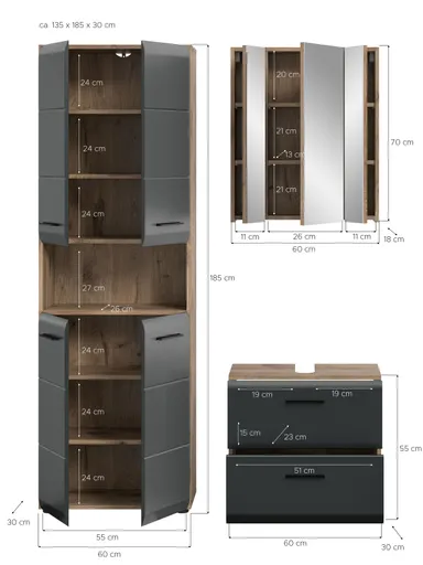 Spiegelschrank - B ca. 60 cm, Nox Eiche Nachbildung