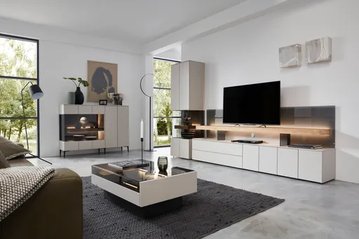 Wohnwand - BH 301x195 cm, Kristallgrau, Beleuchtung