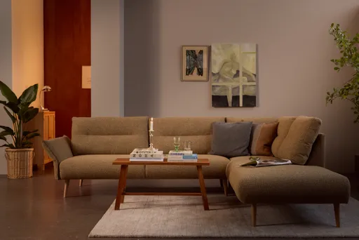 Ecksofa Stina - 3-Sitzer mit Ecke rechts, Armlehne verstellbar, Stoff, Curry