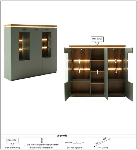 Highboard - mit Beleuchtung, B ca. 138 cm, Salbeigrün, Eiche Evoke Nachbildung