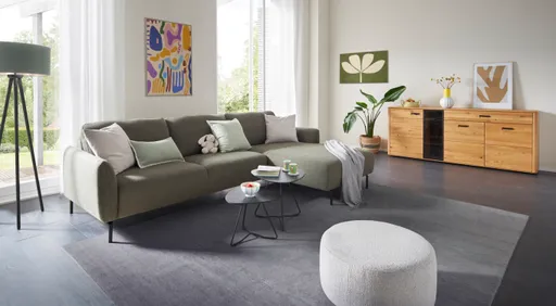 Ecksofa Leona - 3-Sitzer mit Longchair rechts inkl. Sitzvorzug motorisch, Stoff, Braungrün