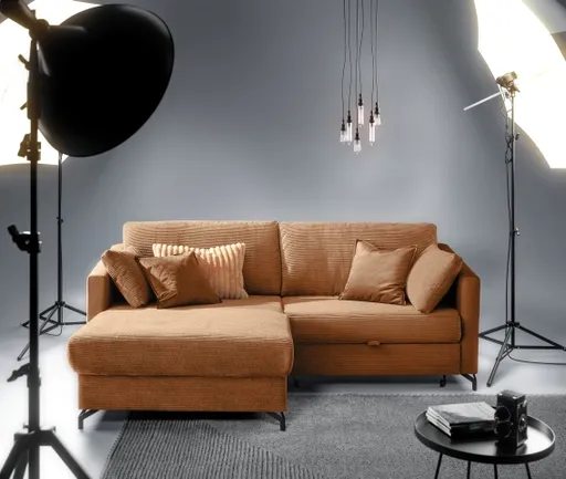 Ecksofa - 1,5-Sitzer, Ecke rechts inkl. Schlaffunktion und Bettkasten, Stoff, Kupfer