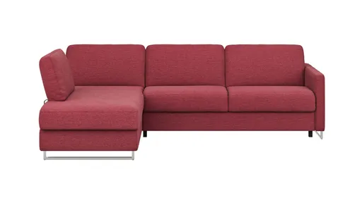 Ecksofa Nuoro - Longchair links mit 2-Sitzer inkl. Schlaffunktion und Bettkasten, Stoff, Rubin