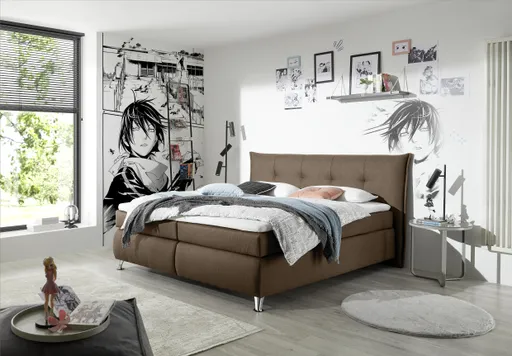 Boxspringbett HAROA- Liegefläche ca. 180x200 cm, Stoff, Hellbraun, inkl. Topper