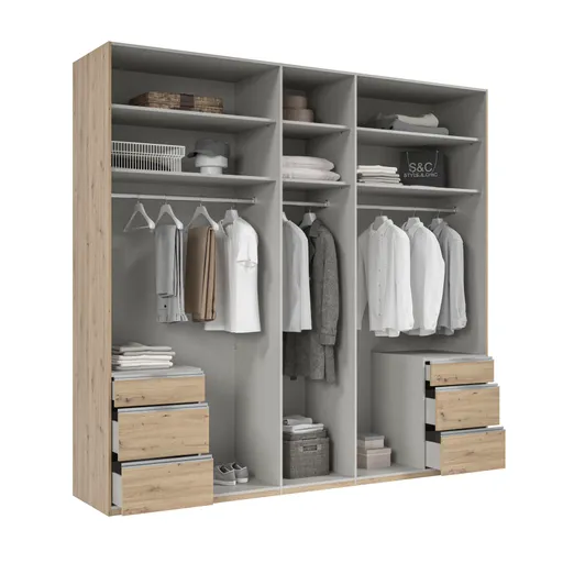 Drehtürenschrank- B ca. 250 cm, Eiche Dekor, Weiß, Spiegel