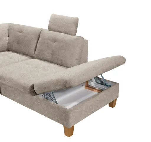 Wohnlandschaft - Ecke links, 2-Sitzer, Longchair rechts inkl. Schlaffunktion mit Bettkasten, Stoff, Hellgrau