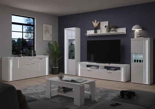 Lowboard - mit Beleuchtung, B ca. 201 cm, Weiß, Weiß Hochglanz