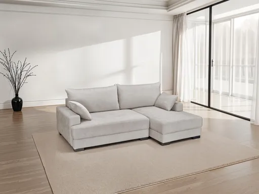 Ecksofa - 2-Sitzer mit Longchair rechts, Schlaffunktion mit Bettkasten, Stoff, Sand