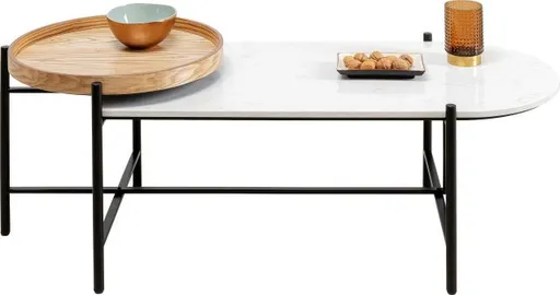 Couchtisch- LB ca. 129x54 cm, Marmoroptik, Weiß, Esche Dekor, Stahl, Schwarz lackiert