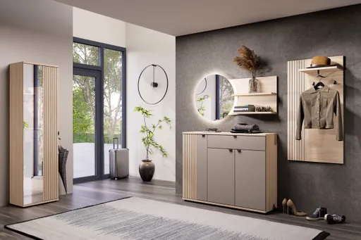 Schuhschrank - B ca. 133 cm, Riva Eiche Nachbildung, Basalt