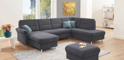 Wohnlandschaft - Longchair links mit 2-Sitzer und Ecke rechts, Relaxfunktion, Stoff, Graphite