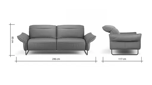 Sofa Victoria - 3-Sitzer inkl. Kopfstütze/Armlehne verstellbar, Leder, Grau