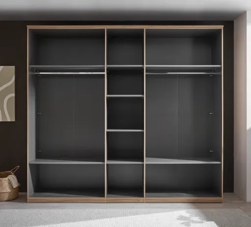 Drehtürenschrank - B. ca. 250,4 cm, Außentüren Holzdekor, Mitteltüren Beige
