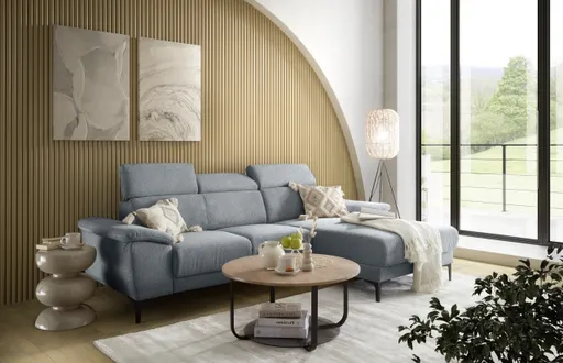 Ecksofa EZRA - 2-Sitzer, Ecke rechts inkl. Kopfteilverstellungen, Sitzvorzug, Stoff, Dunkelgrau