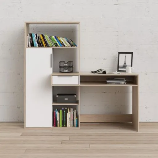 Schreibtisch - LB ca. 163x60 cm, Eiche Struktur Nachbildung, Weiß
