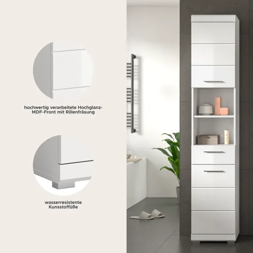 Hochschrank - B ca. 37 cm, Weiß, Weiß Hochglanz