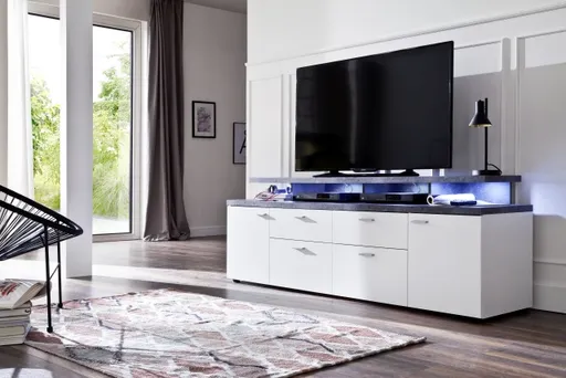 TV-Lowboard - B ca. 180 cm, Weiß, Stone dunkel Nachbildung