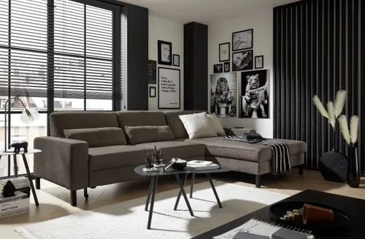  Ecksofa CALM MOVE 2.0 - 2,5-Sitzer mit Longchair rechts, Schlaffunktion, Feincord, Taupe