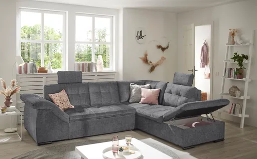 Ecksofa - 2-Sitzer, Ecke rechts inkl. Schlaffunktion und Bettkasten, Armteilverstellung, Stoff, Anthrazit
