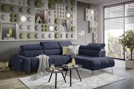 Ecksofa - 2-Sitzer mit Ecke rechts, Sitzvorzug motorisch, Kopfteil verstellbar, Stoff, Dunkelblau