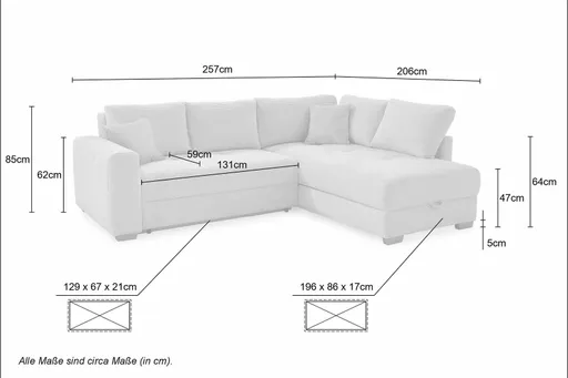 Ecksofa Jyte - 2-Sitzer mit Ecke rechts, Schlaffunktion mit Bettkasten, Stoff, Beige