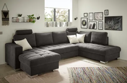 Wohnlandschaft - Ecke Links, 3-Sitzer, Ottomane rechts in Microfaser Grau